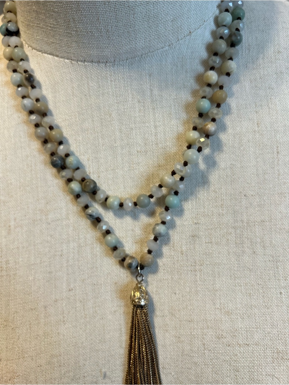 Layered Beaded Tassel Necklace in Sage and Gray Agate and Crystal beads - Picture 9 of 9